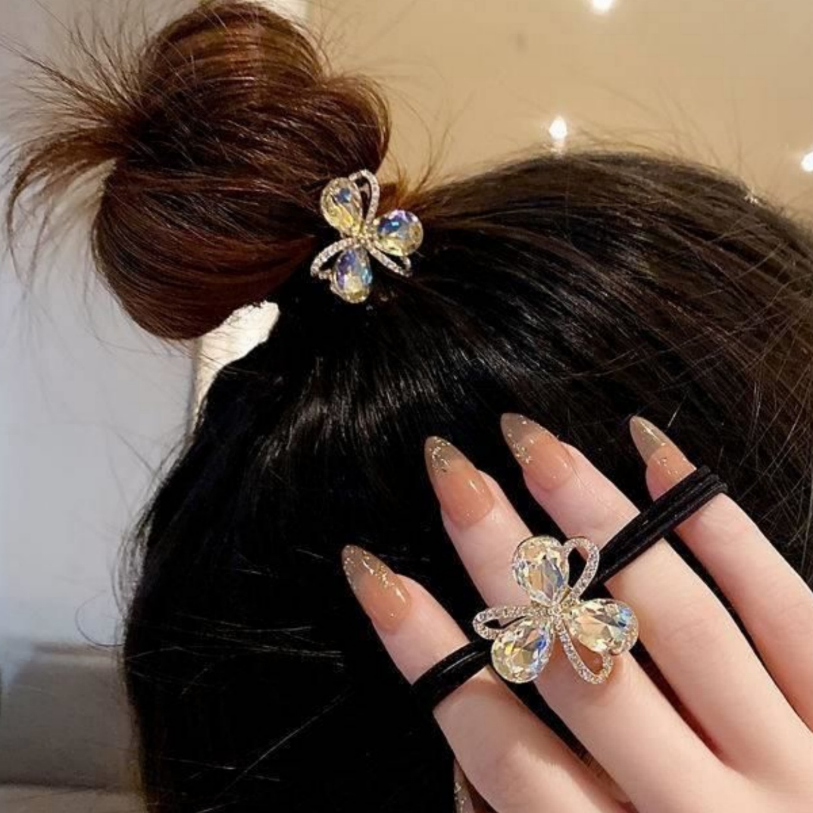 Art And Craft Hair - 1PC 新フラッシュダイヤモンドフラワーヘッドバンドファッションポニーテール気質ヘアサークル黒高弾性ネクタイ大理石のヘアロープ女性