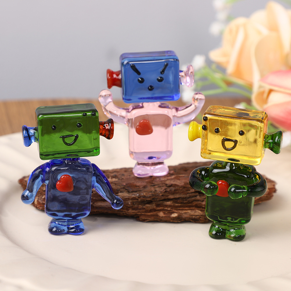 Art Craft Robot - 手作りのユニークなガラス製ロボットフィギュア、クリスタル製カートゥーンアートクラフト、子供と大人のための指先デスクトイ